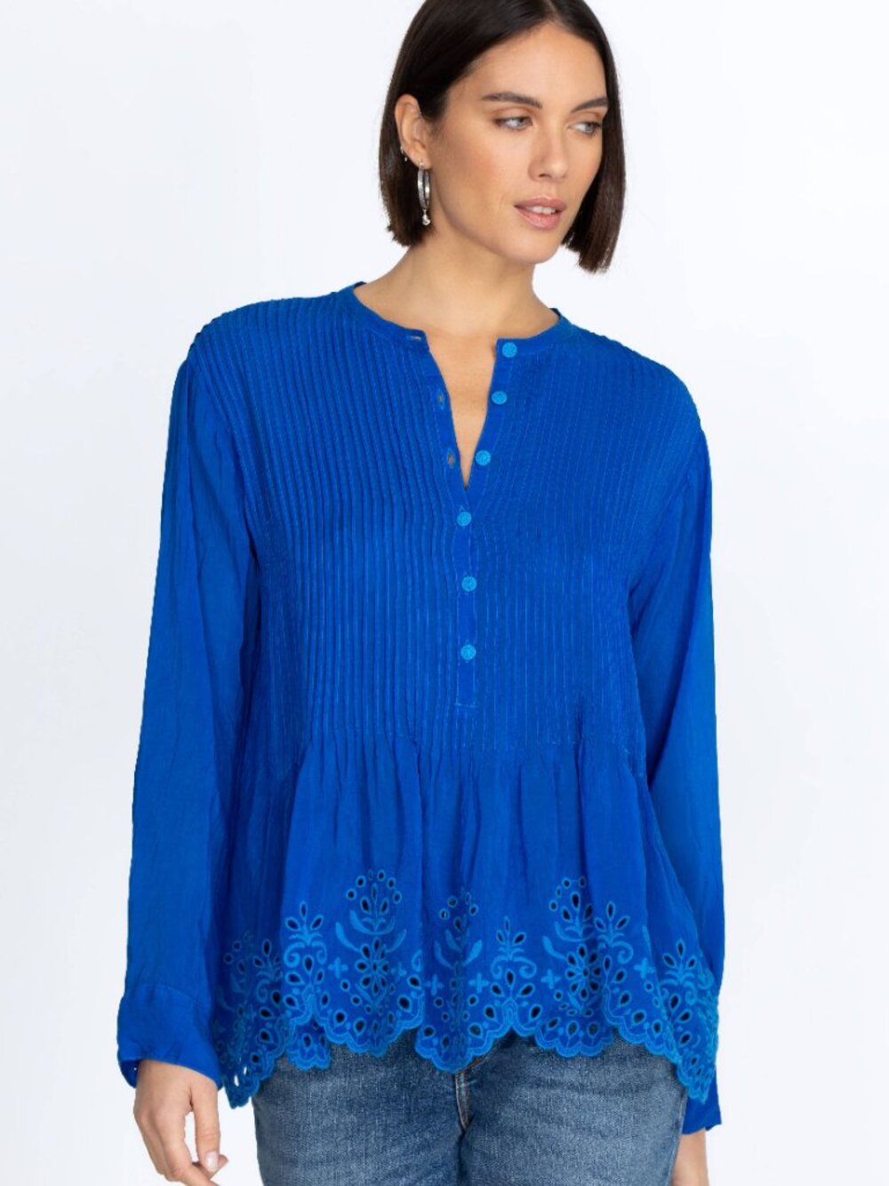 Johnny Was Leonie Pintuck Eyelet Blouse Size Small‎ Blue Longsleeve Embroidered